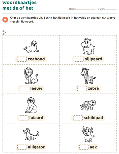 Voorbeeld van het Woordkaartjes-werkblad met Dierentuindieren ZW voor kleuterklas