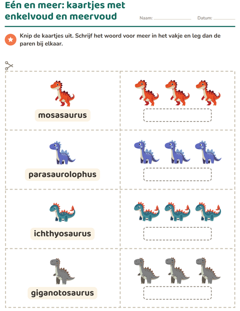 Voorbeeld van het Woordkaartjes-werkblad met Dinosaurussen voor kleuterklas