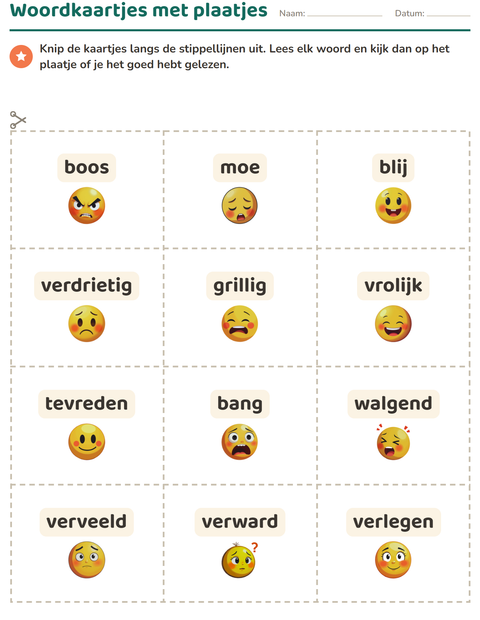 Voorbeeld van het Woordkaartjes-werkblad met Emoties voor kleuterklas