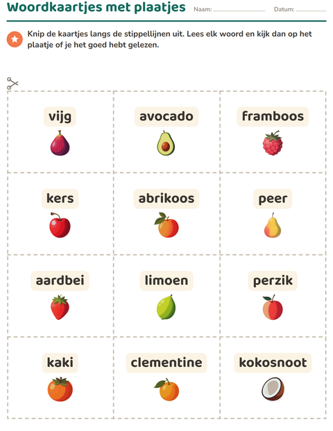 Voorbeeld van het Woordkaartjes-werkblad met Fruit voor kleuterklas