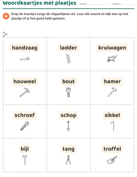 Voorbeeld van het Woordkaartjes-werkblad met Gereedschap ZW voor kleuterklas