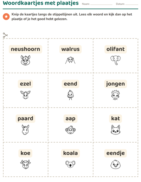 Voorbeeld van het Woordkaartjes-werkblad met Gezichten ZW voor kleuterklas