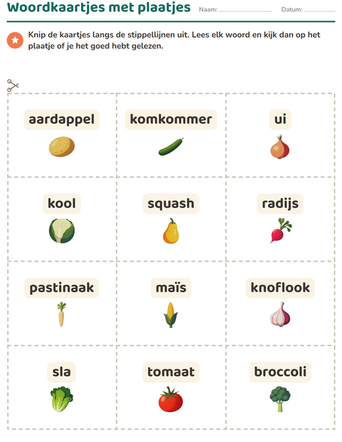 Voorbeeld van het Woordkaartjes-werkblad met Groenten voor kleuterklas