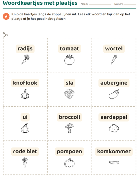 Voorbeeld van het Woordkaartjes-werkblad met Groenten ZW voor kleuterklas