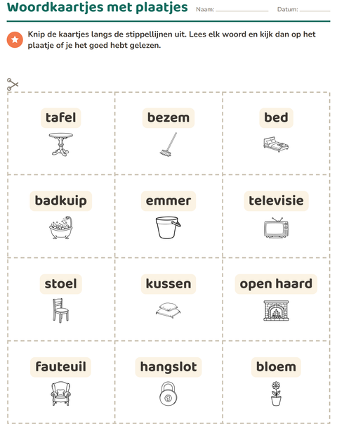 Voorbeeld van het Woordkaartjes-werkblad met Huis ZW 2 voor kleuterklas