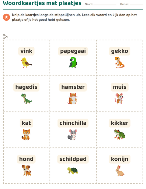 Voorbeeld van het Woordkaartjes-werkblad met Huisdieren voor kleuterklas