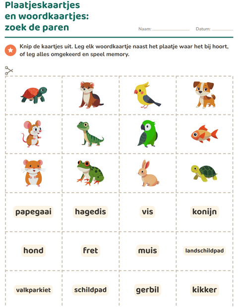Voorbeeld van het Woordkaartjes-werkblad met Huisdieren voor kleuterklas