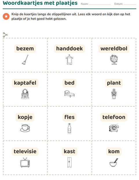 Voorbeeld van het Woordkaartjes-werkblad met Huishouden ZW voor kleuterklas