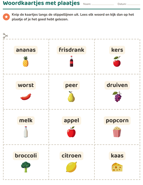 Voorbeeld van het Woordkaartjes-werkblad met In de supermarkt voor kleuterklas