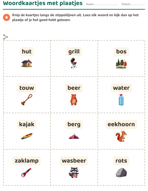 Voorbeeld van het Woordkaartjes-werkblad met Kamperen voor kleuterklas