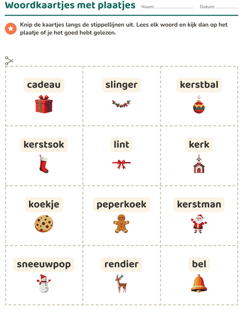 Voorbeeld van het Woordkaartjes-werkblad met Kerstmis voor kleuterklas