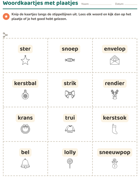Voorbeeld van het Woordkaartjes-werkblad met Kerstmis Z/W voor kleuterklas