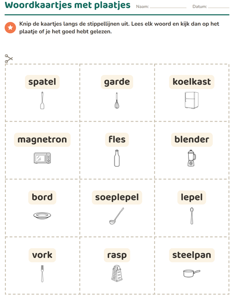 Voorbeeld van het Woordkaartjes-werkblad met Keuken ZW voor kleuterklas