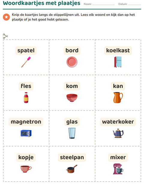Voorbeeld van het Woordkaartjes-werkblad met Keukengerei voor kleuterklas