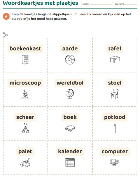 Voorbeeld van het Woordkaartjes-werkblad met Klaslokaal 2 (Z/W) voor kleuterklas