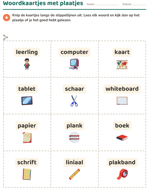 Voorbeeld van het Woordkaartjes-werkblad met Klaslokaal voor kleuterklas