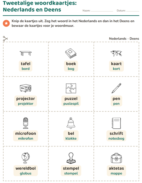Voorbeeld van het Woordkaartjes-werkblad met Klaslokaal (Z/W) voor kleuterklas