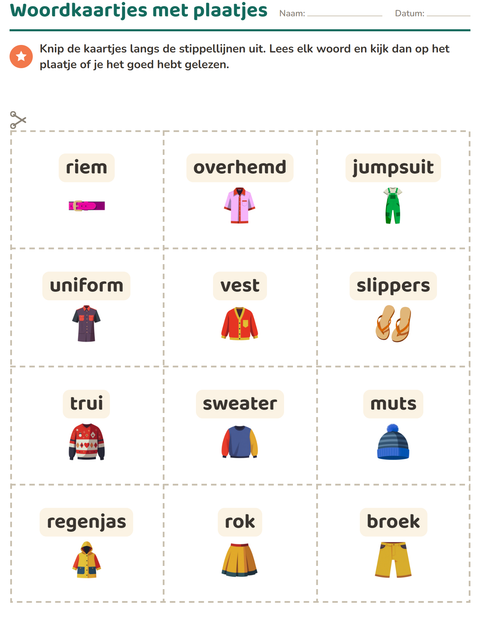 Voorbeeld van het Woordkaartjes-werkblad met Kleding voor kleuterklas
