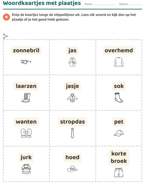 Voorbeeld van het Woordkaartjes-werkblad met Kleding ZW voor kleuterklas