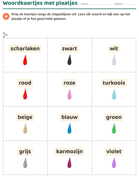 Voorbeeld van het Woordkaartjes-werkblad met Kleuren voor kleuterklas