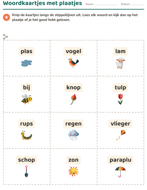 Voorbeeld van het Woordkaartjes-werkblad met Lente voor kleuterklas