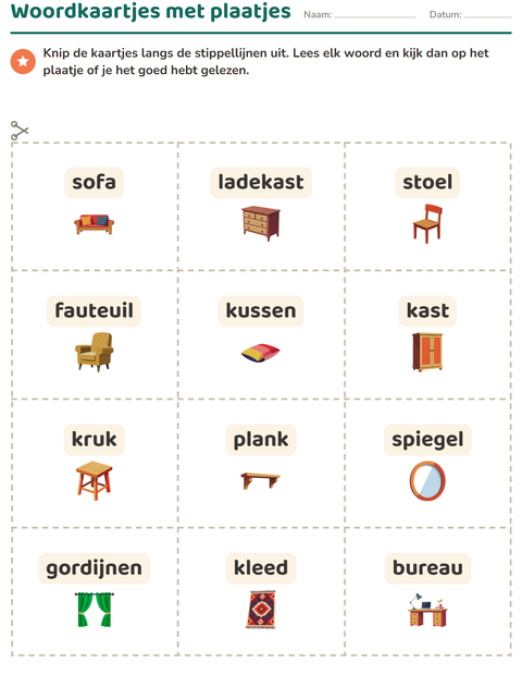 Voorbeeld van het Woordkaartjes-werkblad met Meubels voor kleuterklas