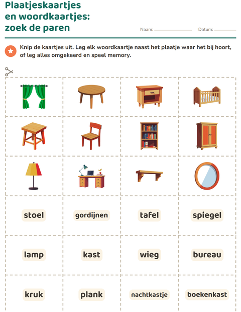 Voorbeeld van het Woordkaartjes-werkblad met Meubels voor kleuterklas