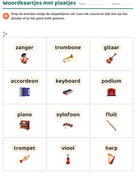 Voorbeeld van het Woordkaartjes-werkblad met Muziek voor kleuterklas