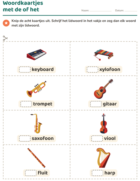 Voorbeeld van het Woordkaartjes-werkblad met Muziek voor kleuterklas