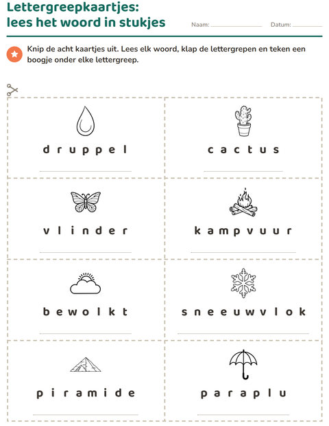 Voorbeeld van het Woordkaartjes-werkblad met Natuur ZW voor groep 3