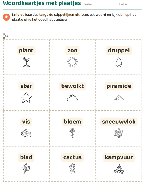 Voorbeeld van het Woordkaartjes-werkblad met Natuur ZW voor kleuterklas