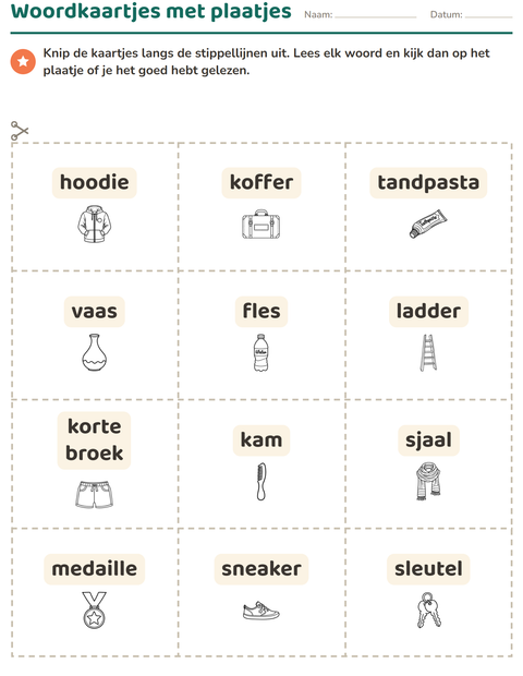 Voorbeeld van het Woordkaartjes-werkblad met Objecten ZW voor kleuterklas