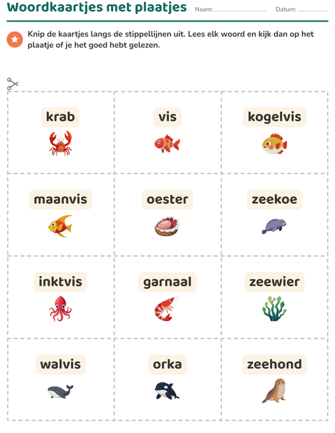 Voorbeeld van het Woordkaartjes-werkblad met Oceaanleven voor kleuterklas