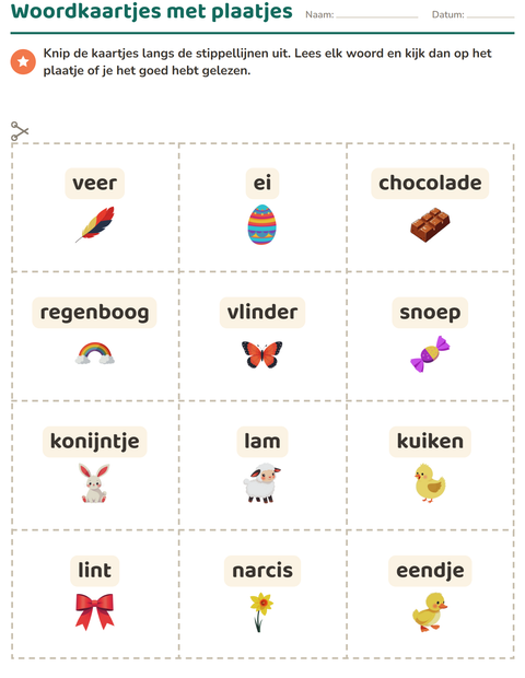 Voorbeeld van het Woordkaartjes-werkblad met Pasen voor kleuterklas