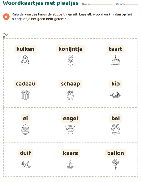 Voorbeeld van het Woordkaartjes-werkblad met Pasen ZW 2 voor kleuterklas