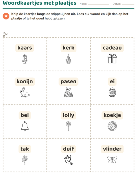 Voorbeeld van het Woordkaartjes-werkblad met Pasen ZW voor kleuterklas