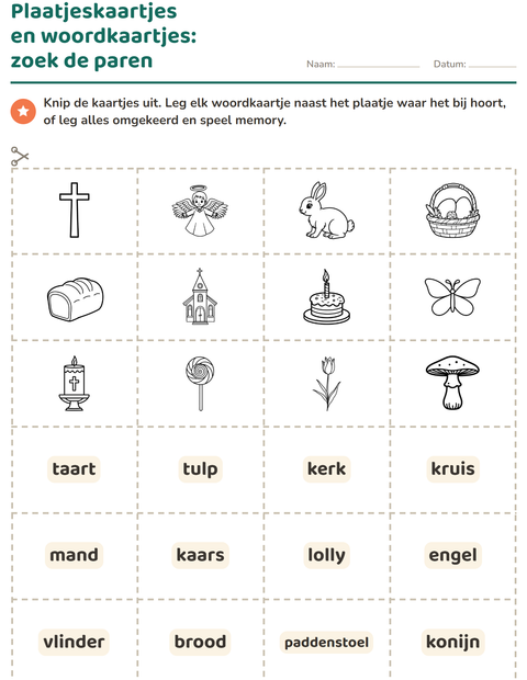 Voorbeeld van het Woordkaartjes-werkblad met Pasen ZW voor kleuterklas