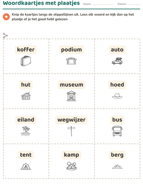 Voorbeeld van het Woordkaartjes-werkblad met Reizen en Vakantie ZW voor kleuterklas