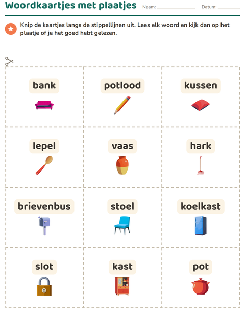 Voorbeeld van het Woordkaartjes-werkblad met Rond het huis voor kleuterklas