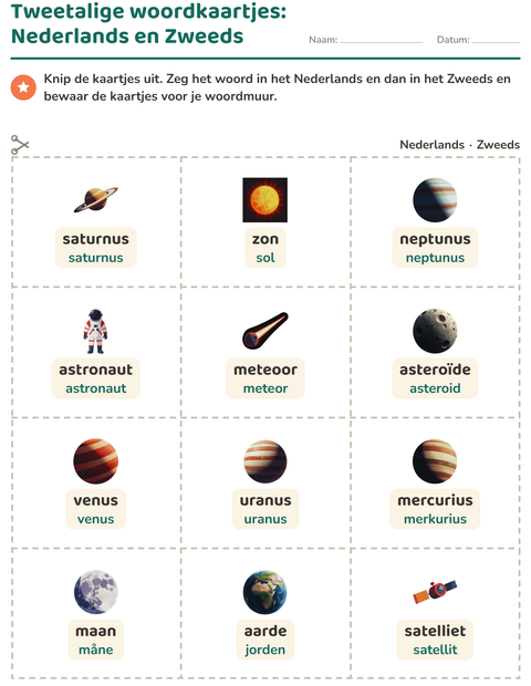 Voorbeeld van het Woordkaartjes-werkblad met Ruimte voor kleuterklas