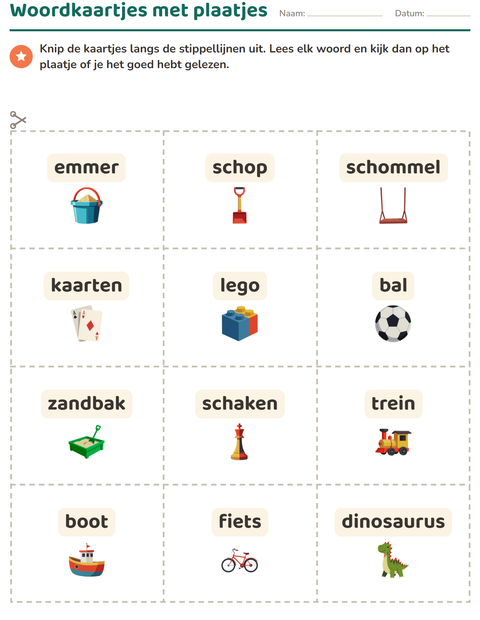 Voorbeeld van het Woordkaartjes-werkblad met Speelgoed voor kleuterklas