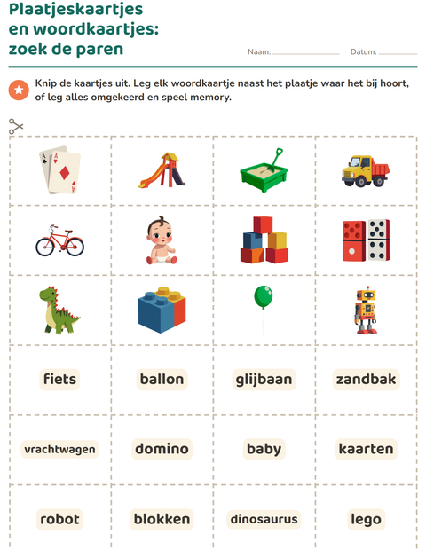 Voorbeeld van het Woordkaartjes-werkblad met Speelgoed voor kleuterklas