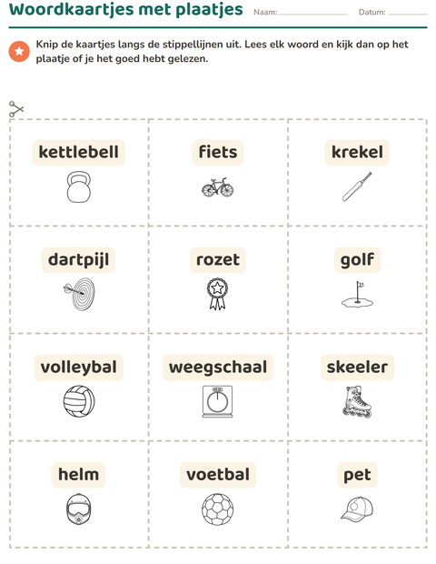 Voorbeeld van het Woordkaartjes-werkblad met Sport ZW voor kleuterklas
