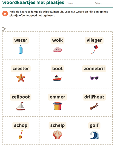 Voorbeeld van het Woordkaartjes-werkblad met Strand voor kleuterklas