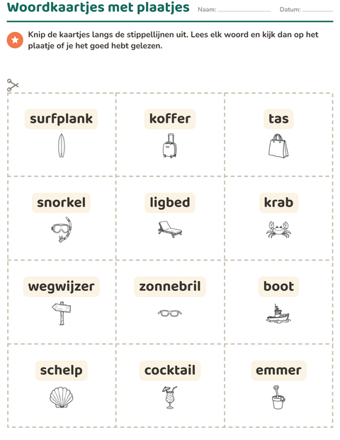 Voorbeeld van het Woordkaartjes-werkblad met Strand ZW 2 voor kleuterklas