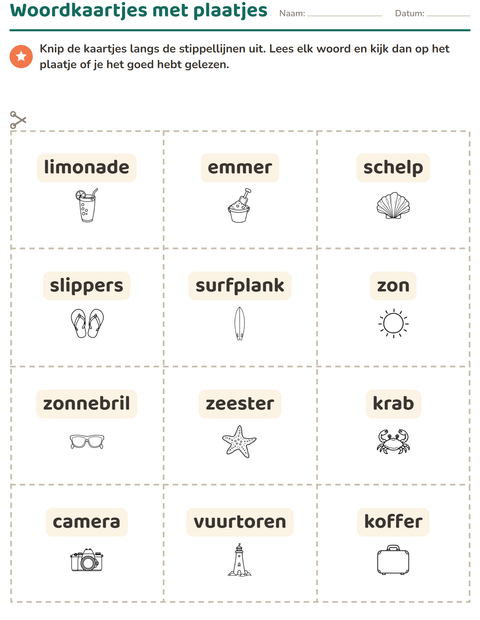 Voorbeeld van het Woordkaartjes-werkblad met Strand ZW voor kleuterklas