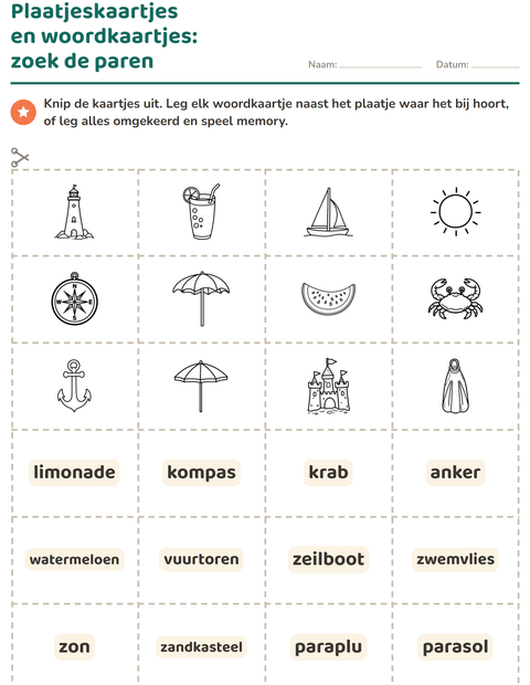 Voorbeeld van het Woordkaartjes-werkblad met Strand ZW voor kleuterklas