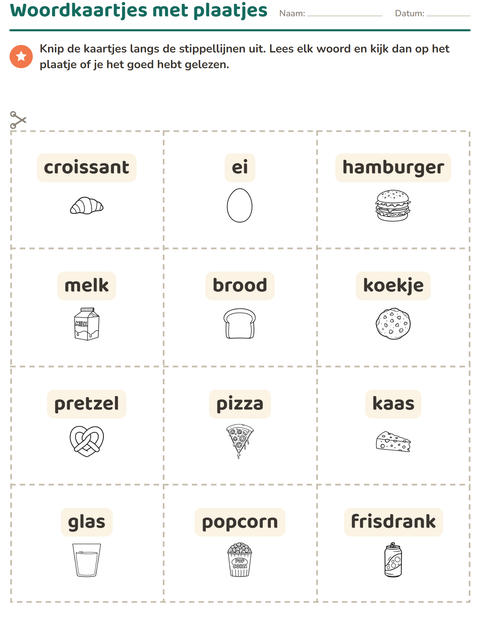 Voorbeeld van het Woordkaartjes-werkblad met Voedsel ZW 3 voor kleuterklas