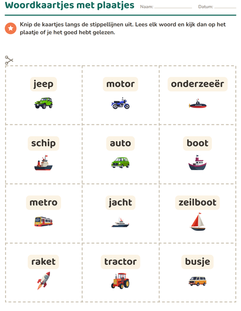 Voorbeeld van het Woordkaartjes-werkblad met Voertuigen voor kleuterklas