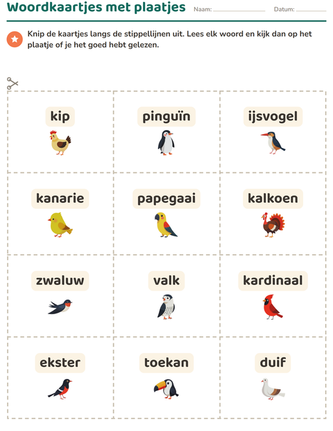 Voorbeeld van het Woordkaartjes-werkblad met Vogels 2 voor kleuterklas